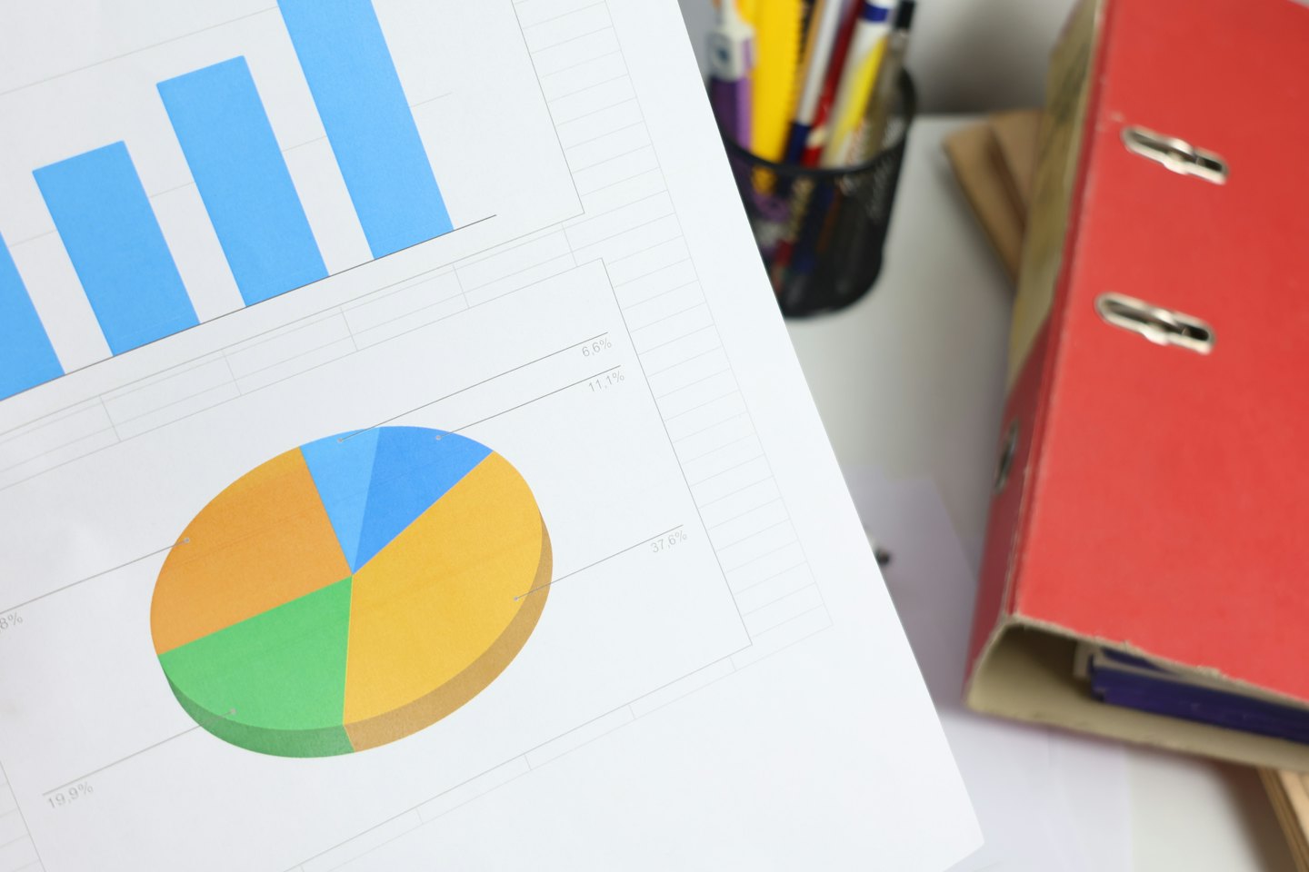 Graphiques financiers sur papier sur un bureau.